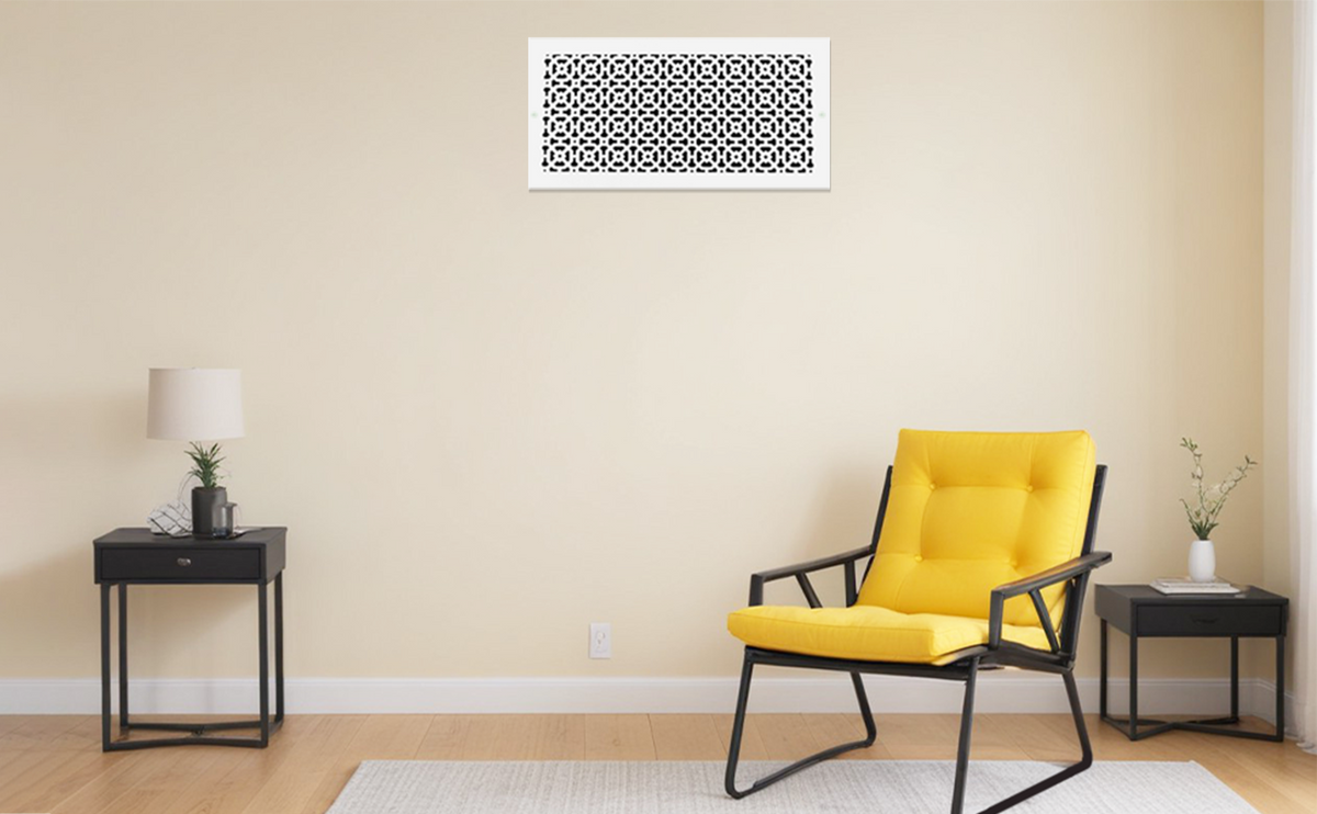Achtek 10x20 solid cast aluminum air return vent cover for wall with geometric design, overall back frame provided