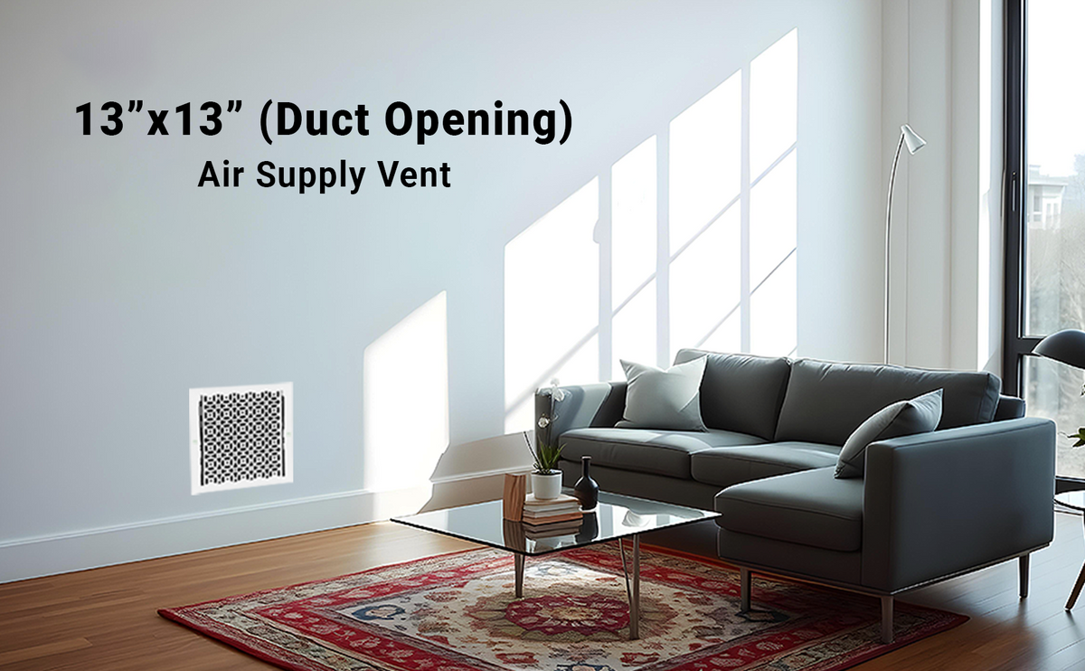 13x13 Achtek white air supply vent white for wall/ceiling mounting with patent design, provided with color matching screws