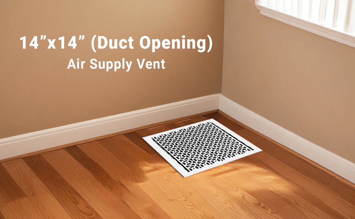 Achtek 14x14 powder coated white air supply vent for floor with beveled edge, patent design, gravity drop installations