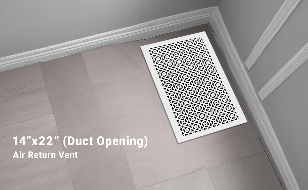 Achtek 14x22 white air return vent for floor mounting, geometric grille design, beveled edge, with gravity drop installations