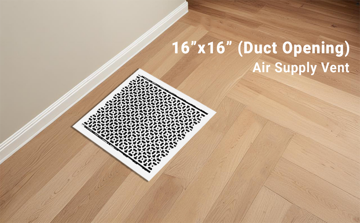 Achtek 16x16 handcrafted white air supply vent with patent design, beveled edge, provided with gravity drop installations