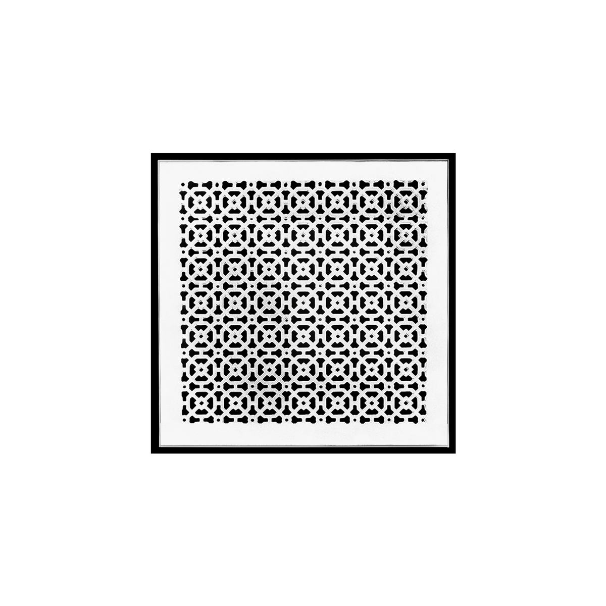 Achtek 16x16 powder coated white air return vent cover with geometric pattern, beveled edge, overall back frame provided