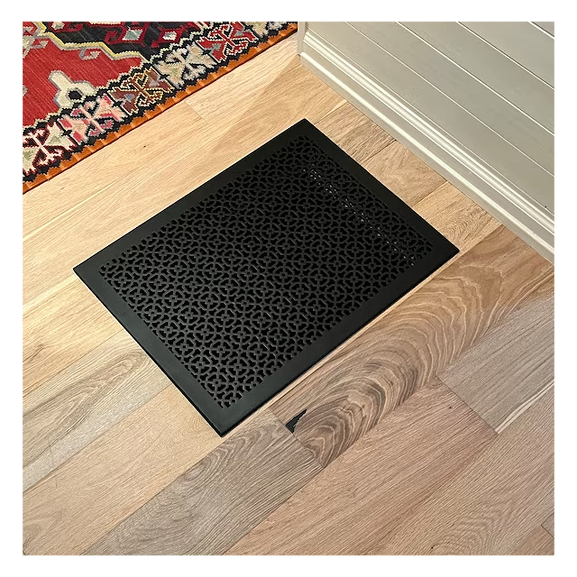 Achtek 18x24 black air vent cover with geometric pattern, beveled edge, overall back frame provided for floor mounting