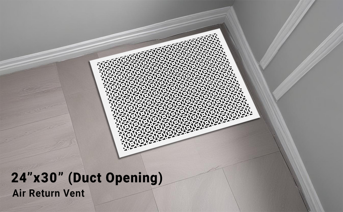 Achtek 24x30 powder coated white air vent with geometric pattern, beveled edge, gravity drop installations for floor mounting