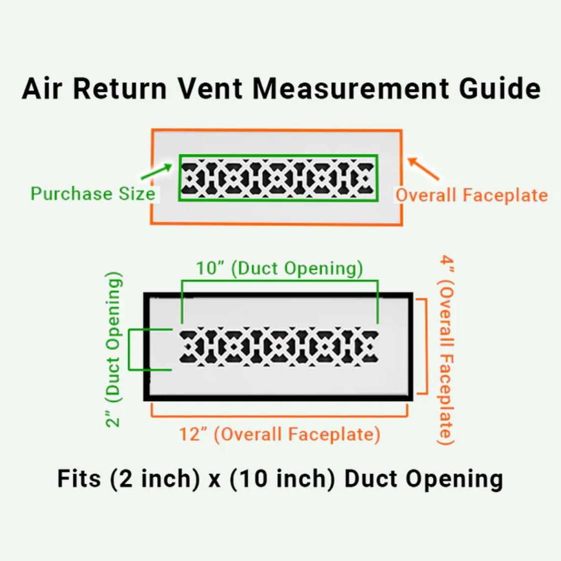 Air return vent cover purchase guide showing 2" × 10" duct opening and 4" × 12" overall faceplate