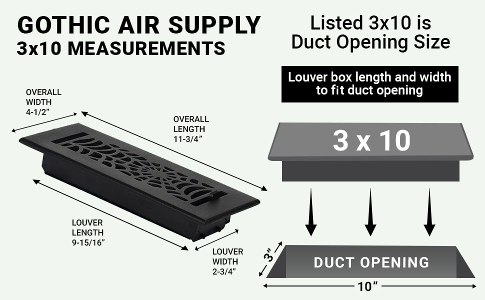 Spooky Gothic 3"x10" Solid Cast Aluminum louvered Air Supply | Powder Coated