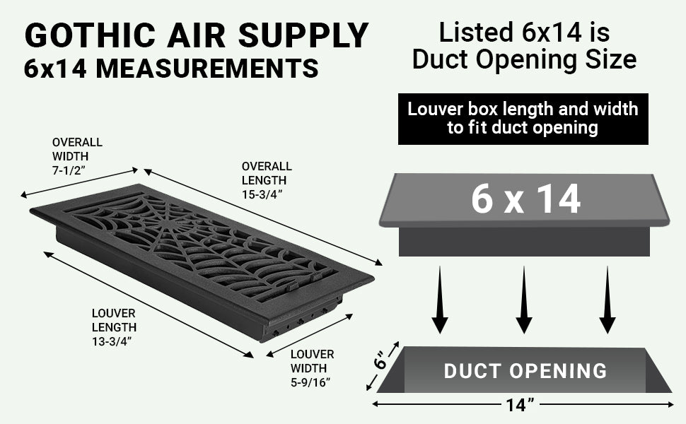 Spooky Gothic 6"x14" Solid Cast Aluminum louvered Air Supply | Powder Coated