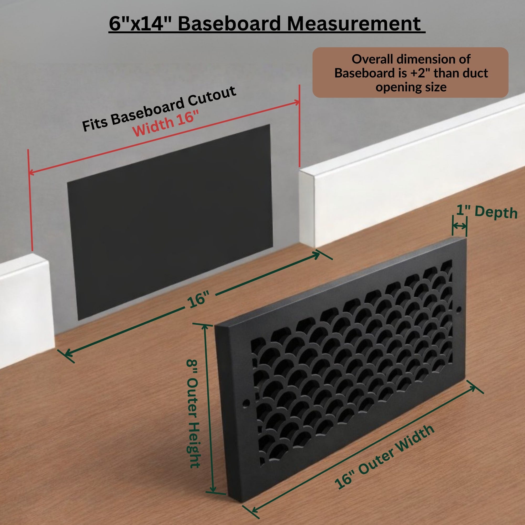 Scallop BASEBOARD 6"x14" Duct opening Solid Cast Aluminum Grill Vent Cover | Powder Coated