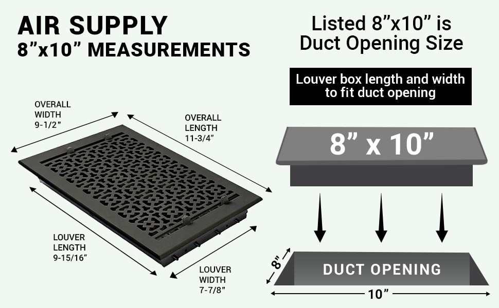 Achtek 8"x10" Solid Cast Aluminum Air Supply louvered Vent | Powder Coated