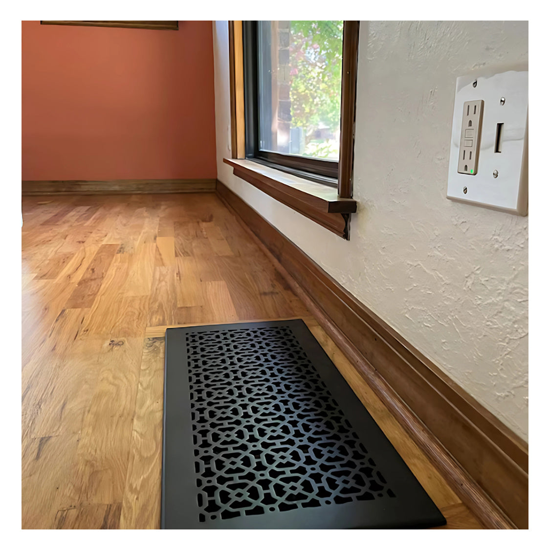 8x20 Achtek decorative air return vent cover for floor installation with geometric design, overall back frame provided