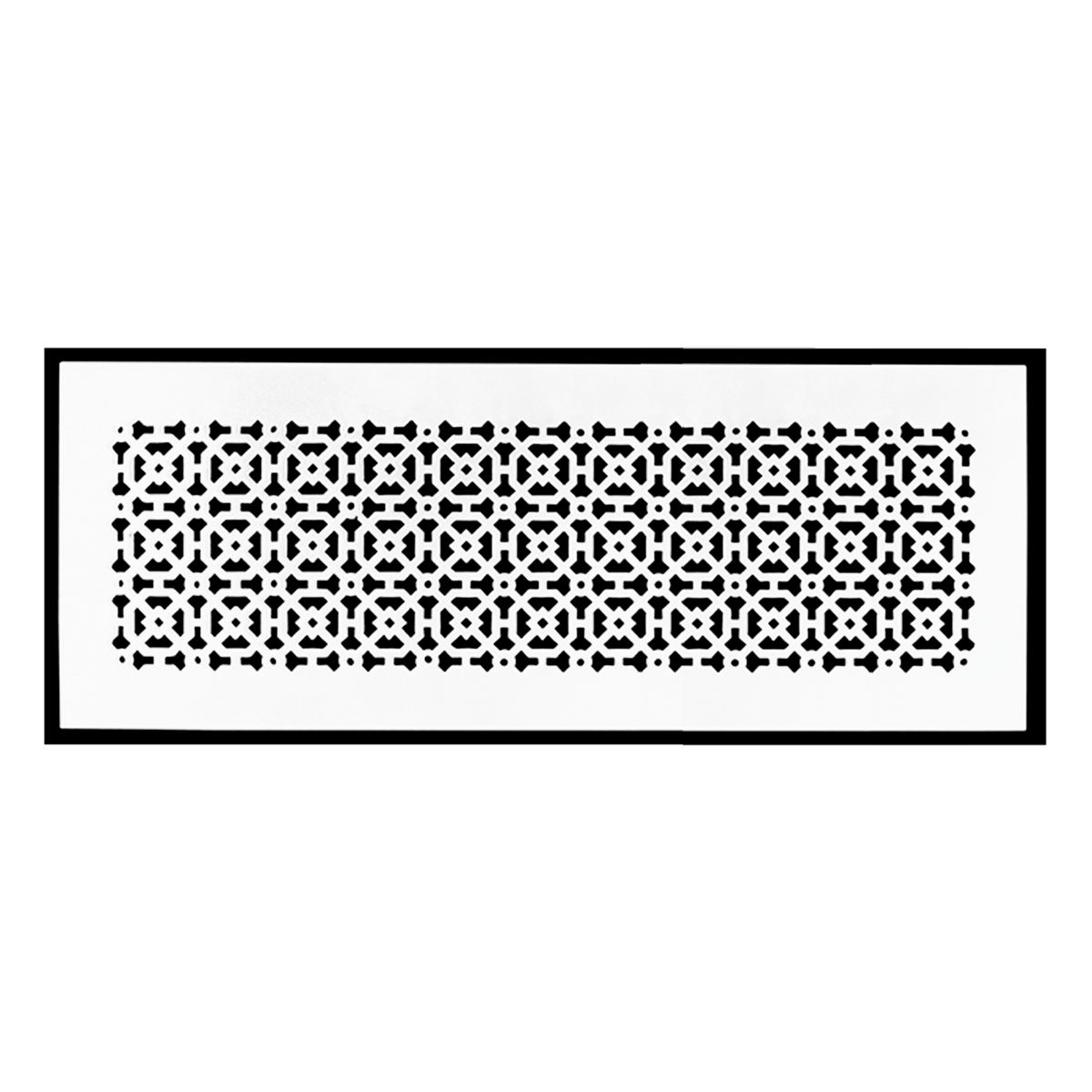 Achtek 8x24 powder coated white air return vent with geometric design for floor mounting, overall back frame provided