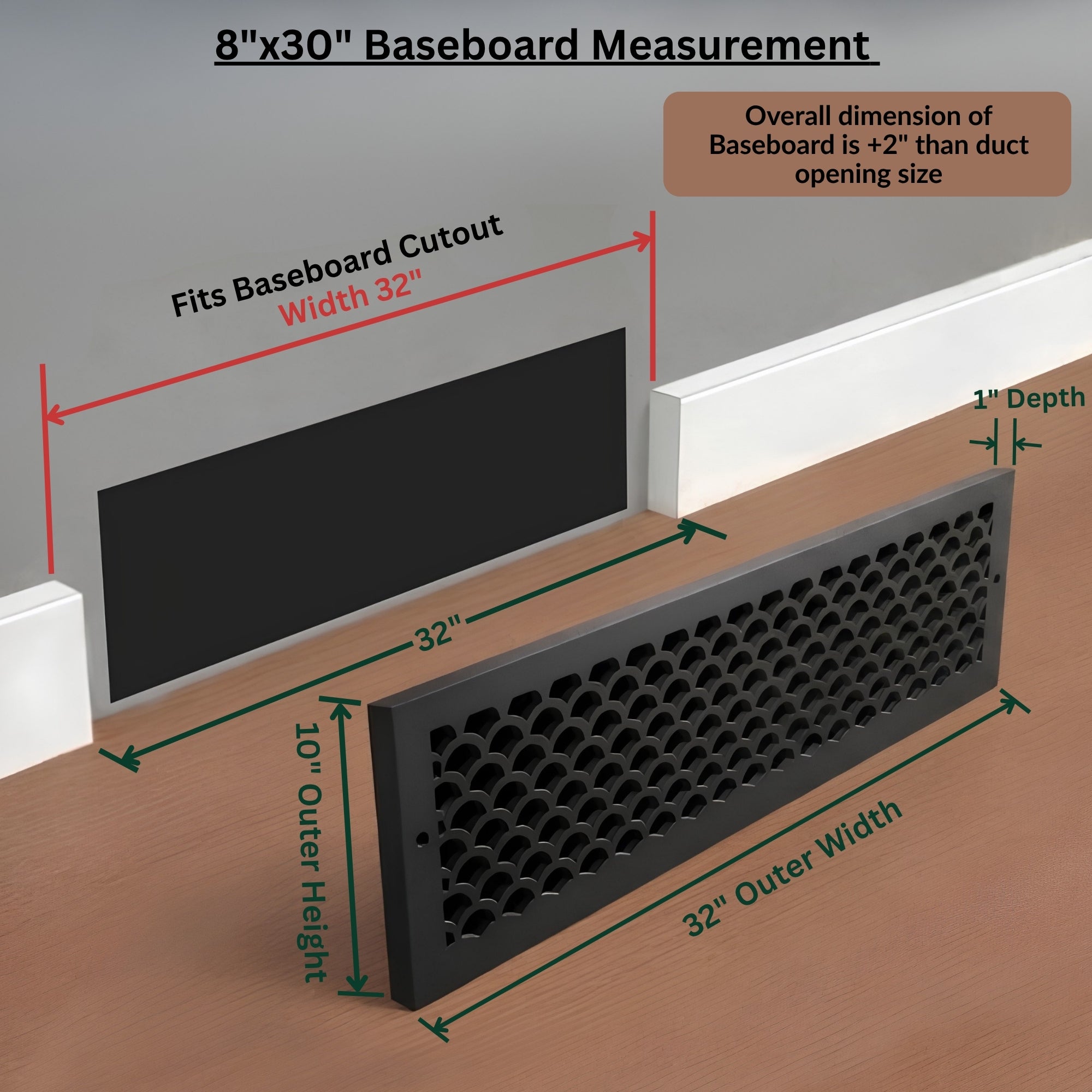 Scallop BASEBOARD 8"x30" Duct opening Solid Cast Aluminum Grill Vent Cover | Powder Coated