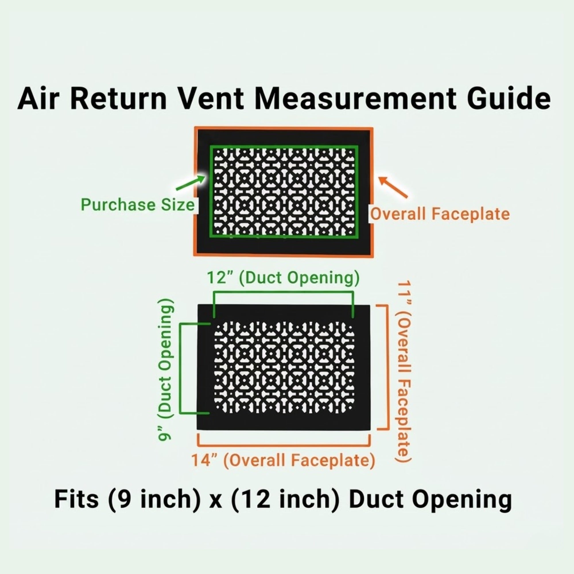 Air return vent cover purchase guide showing purchas size having duct opening 9 x12 and overall faceplate 11 x14