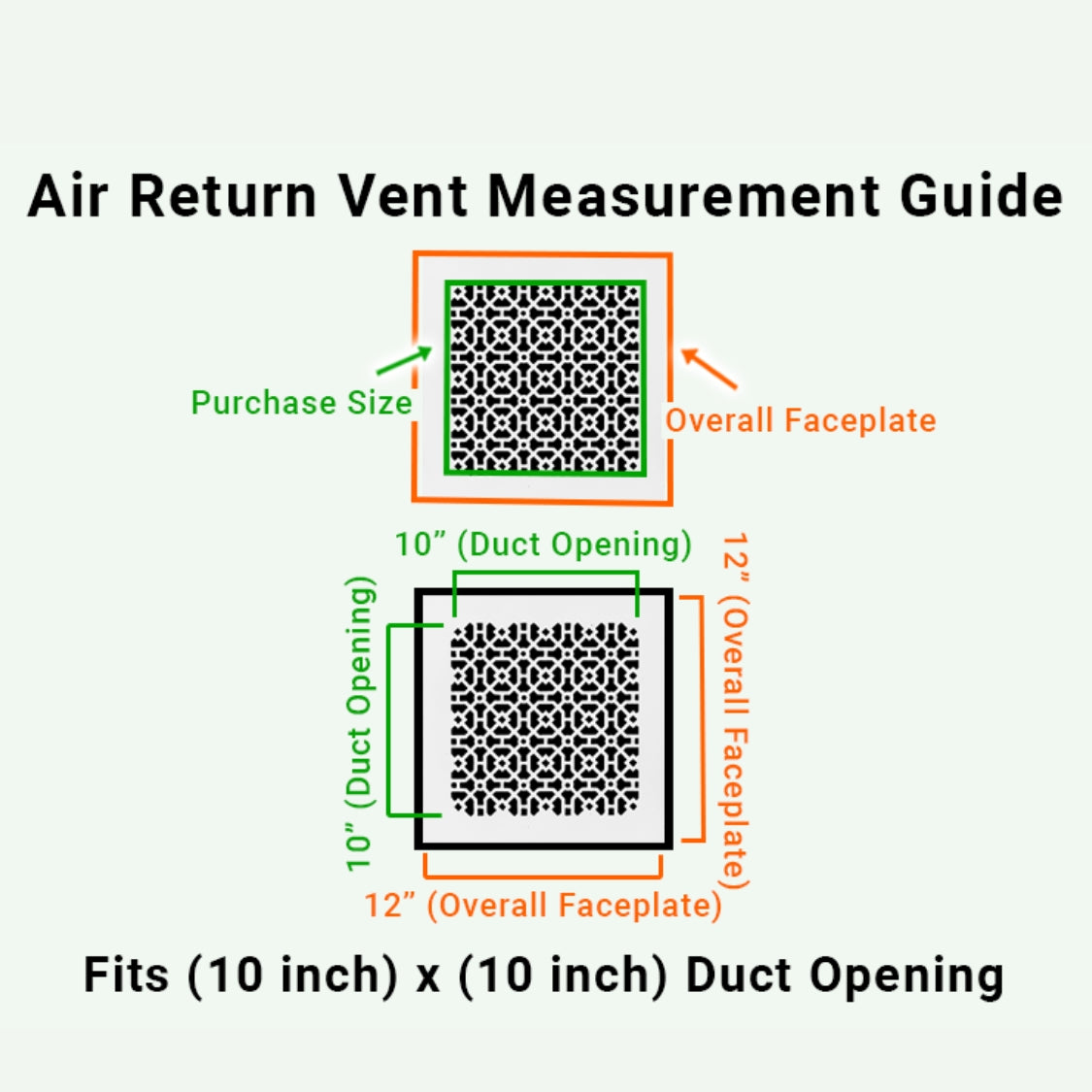 10x10 Achtek air vent purchase guide showing purchase size having duct opening 10x10 and overall faceplate 12x12