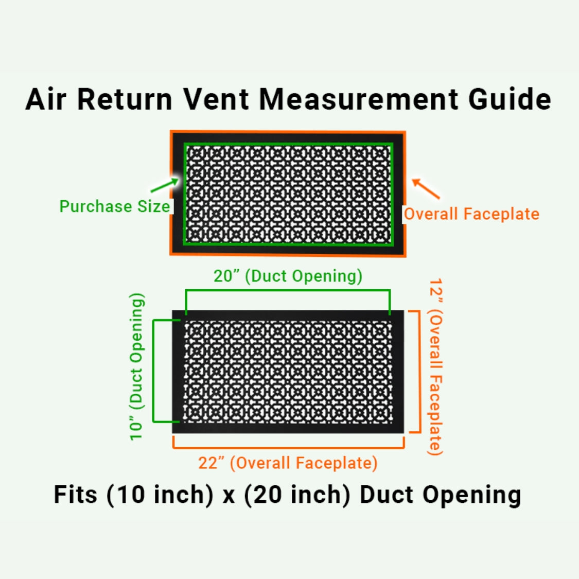 Achtek 10x20 air vent purchase guide showing purchase size having duct opening 10x20 and overall faceplate 12x22