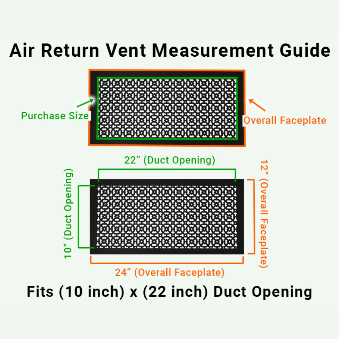 Achtek 10x22 air vent purchase guide showing purchase size having duct opening 10x22 and overall faceplate 12x24
