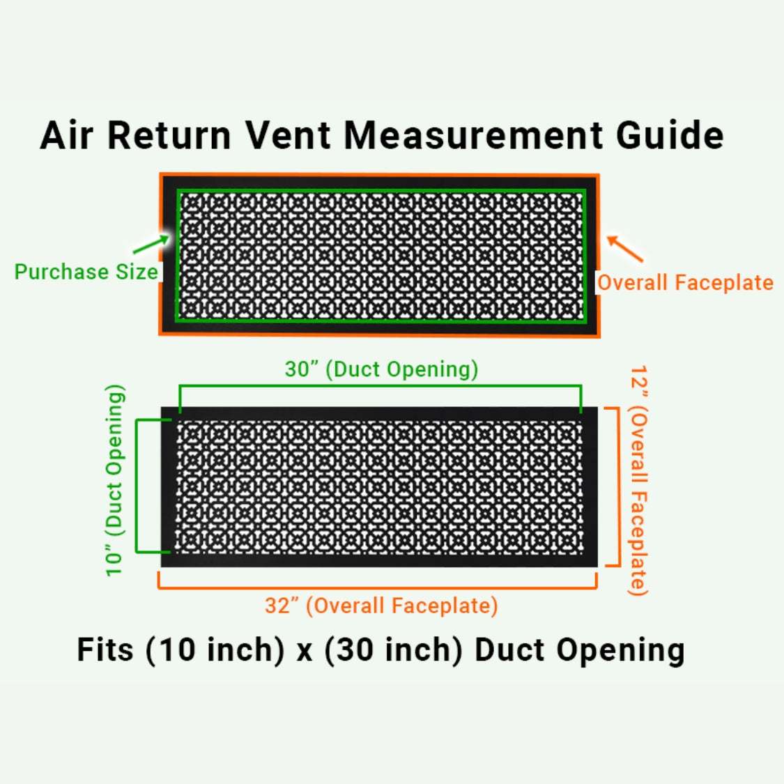 Achtek 10x30 air vent purchase guide showing purchase size having duct opening 10x30 and overall faceplate 12x32