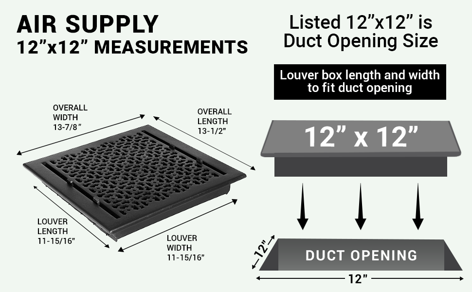 Achtek 12x12 air vent purchase guide showing purchase size having duct opening 12x12, and overall faceplate 13-1/2”x13-3/4