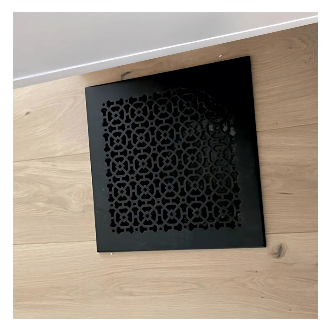 12x12 Achtek solid cast metal aluminum black air vent with geometric design, beveled edge, gravity drop installations