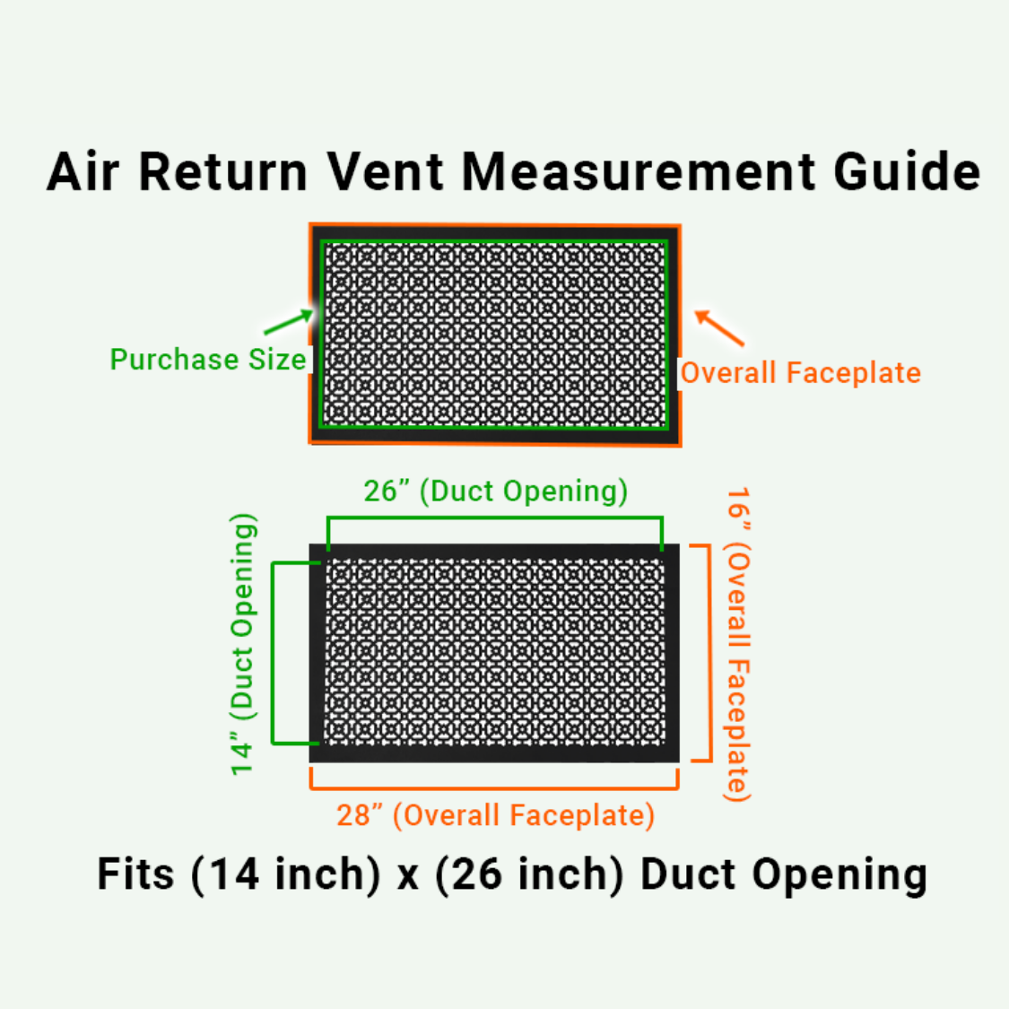 Achtek 14x26 air vent purchase guide showing purchase size having duct opening 14x26 and overall faceplate 16x28