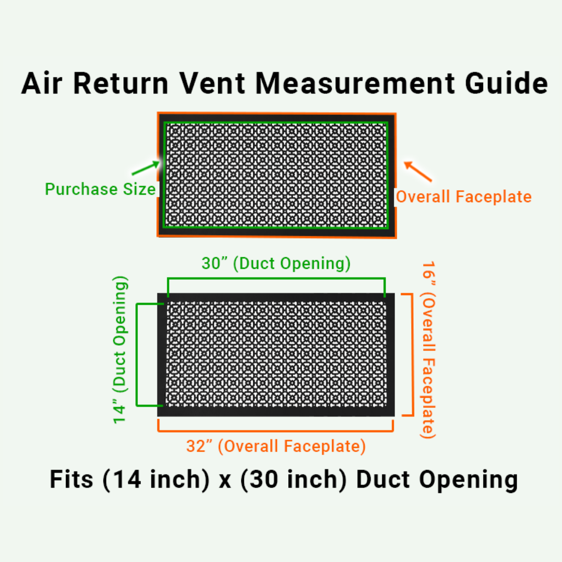 Achtek 14x30 air vent purchase guide showing purchase size having duct opening 14x30 and overall faceplate 16x32