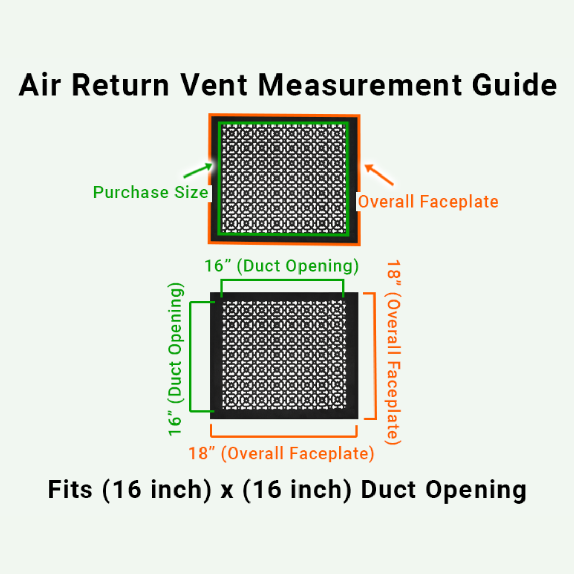 Achtek 16x16 air vent purchase guide showing purchase size having duct opening 16x16 and overall faceplate 18x18