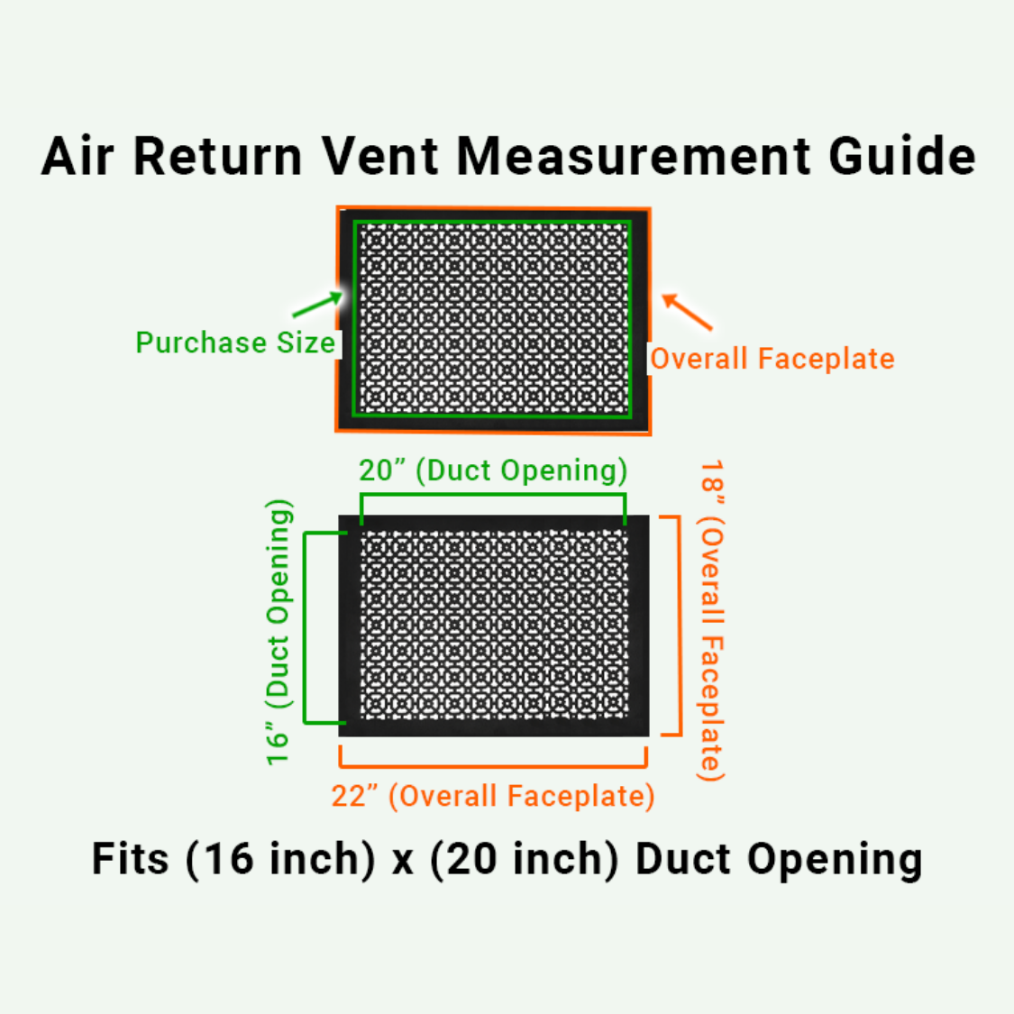 Achtek 16x20 air vent purchase guide showing purchase size having duct opening 16x20 and overall faceplate 18x22