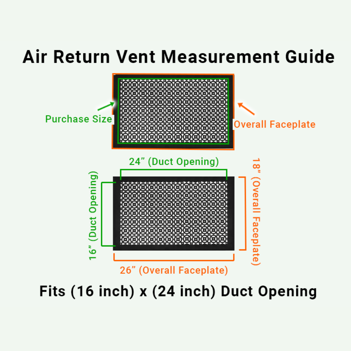 Achtek 16x24 air vent purchase guide showing purchase size having duct opening 16x24 and overall faceplate 18x26