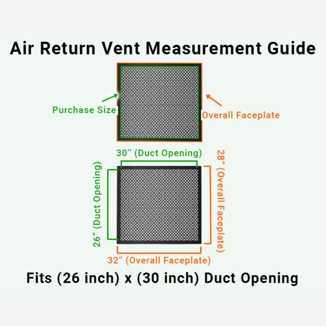 Achtek 26x30 air vent purchase guide showing purchase size having duct opening 26x30 and overall faceplate 28x32