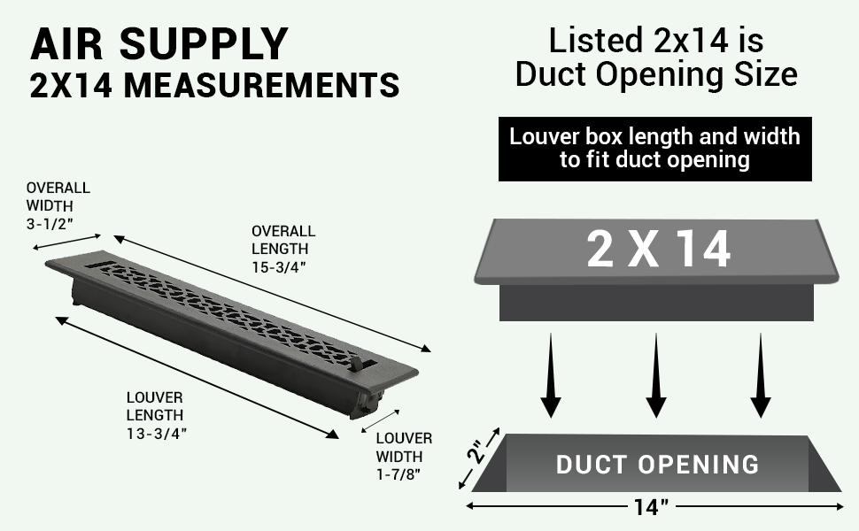 Achtek 2x14 air vent purchase guide showing purchase size having duct opening 2x14, and overall faceplate 3-1/2X15-3/4