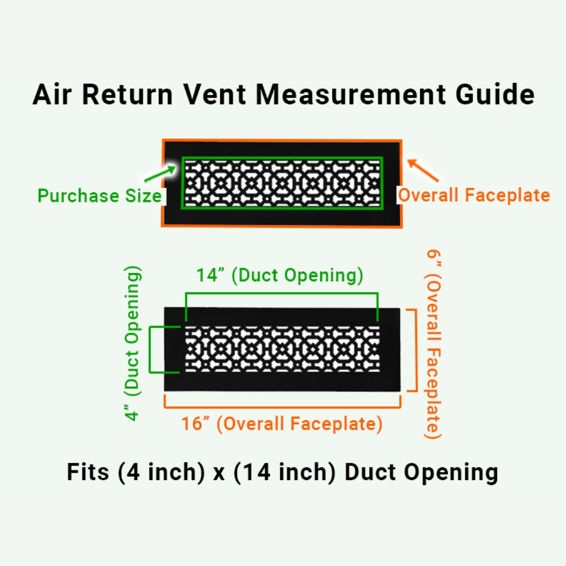 4x14 Achtek rust free floor air vent purchase guide showing purchase size having duct opening 4x14 and overall faceplate 6x16