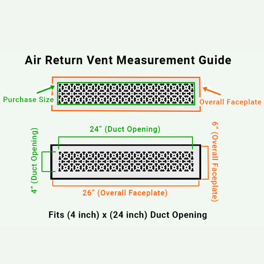 Achtek 4x24 powder coated vent cover purchase guide showing purchase size having duct opening 4x24 and overall faceplate 6x26