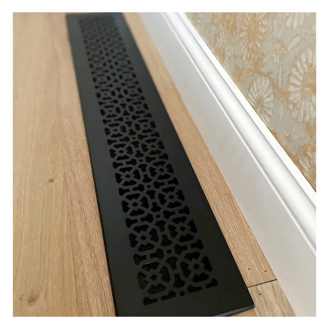 Achtek 4x24 decorative black floor vent with geometric design pattern for floor mounting