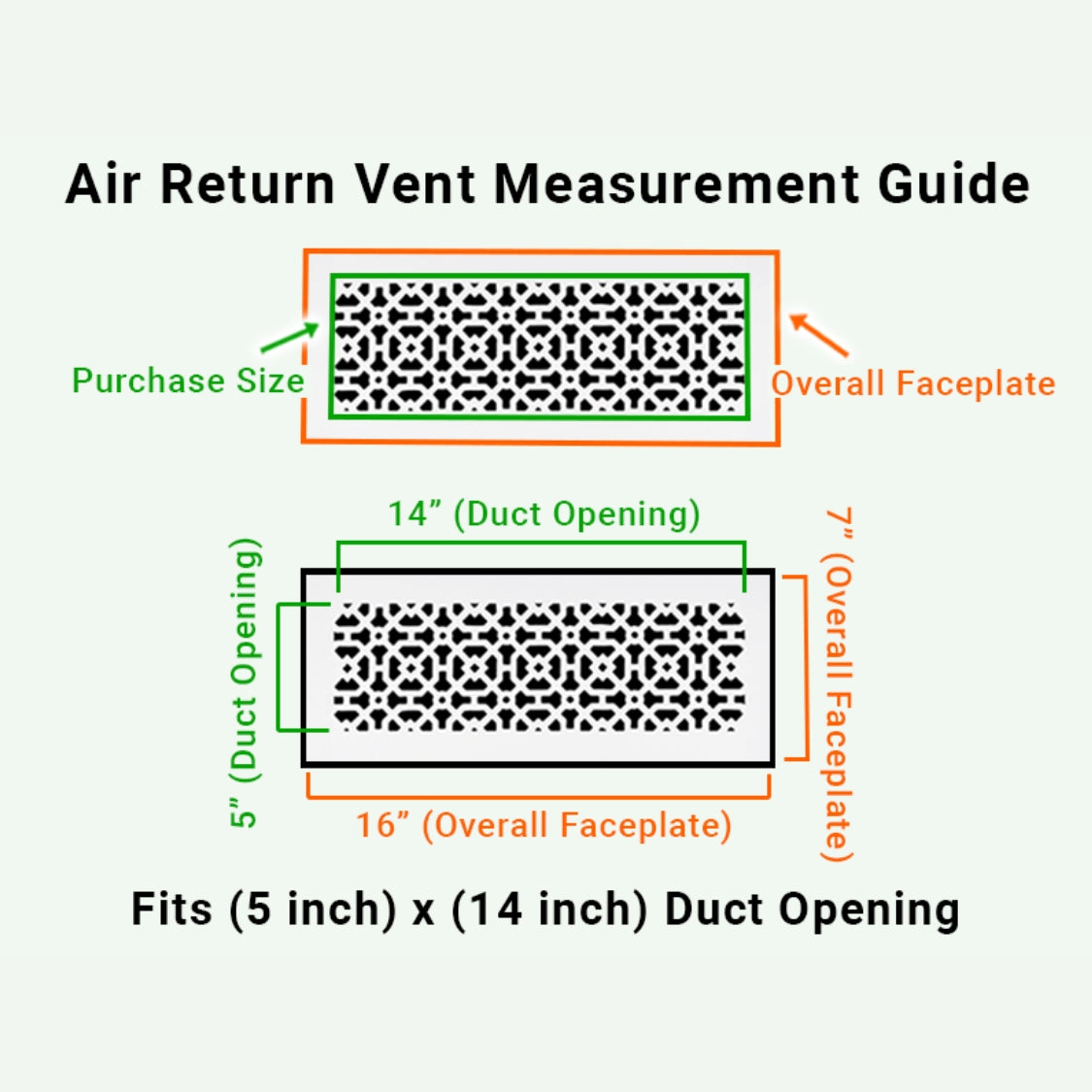 Achtek 5x14 air return vent purchase guide showing purchase size having duct opening 5x14 and overall faceplate 7x16