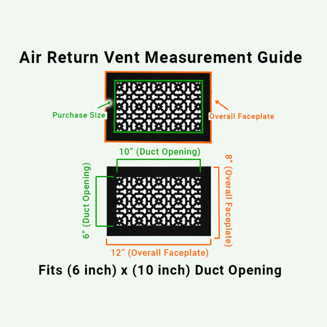 Achtek 6x10 floor air vent purchase guide showing purchase size having duct opening 6x10 and overall faceplate 8x12