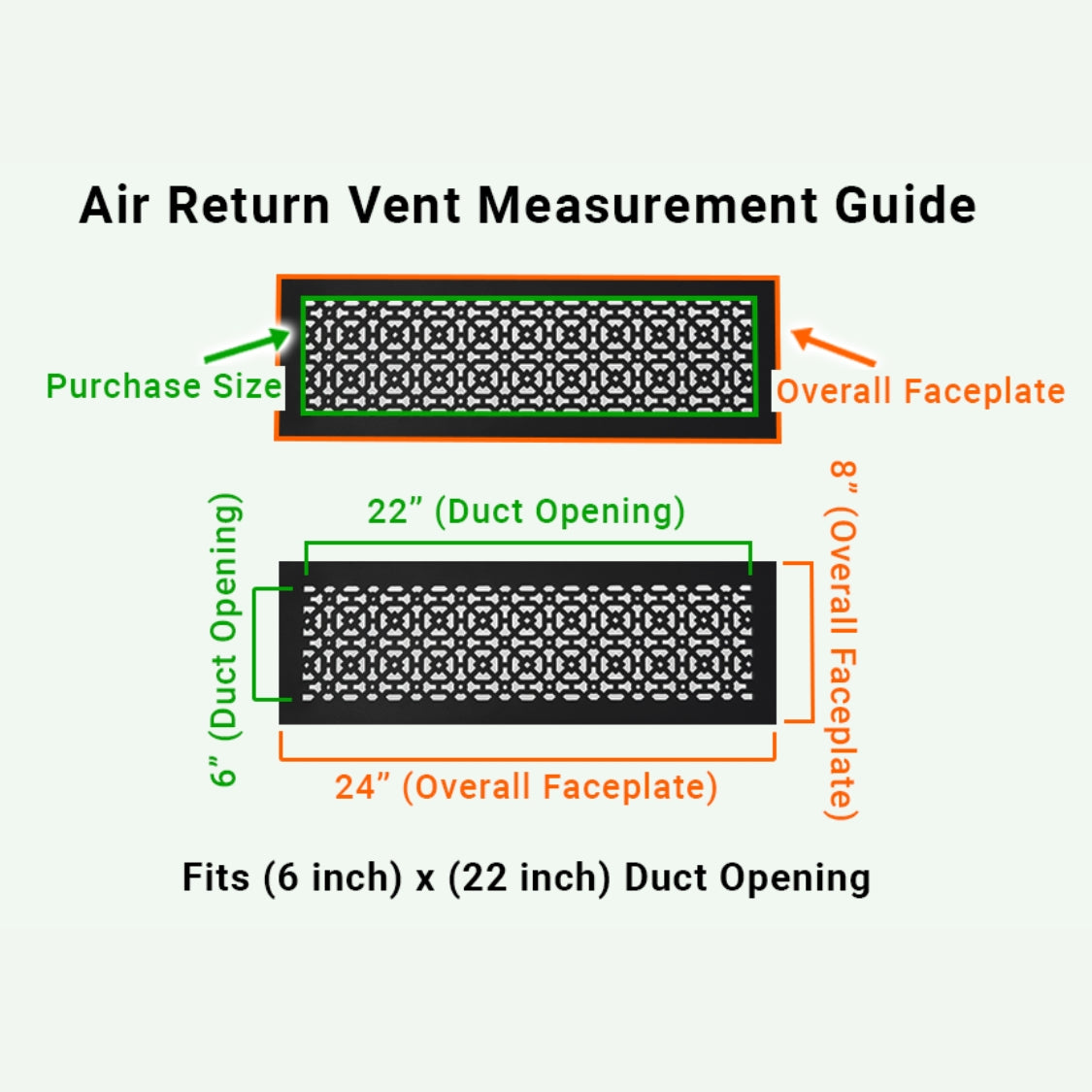 6x22 Achtek handcrafted air vent purchase guide showing purchase size having duct opening 6x22 and overall faceplate 8x24