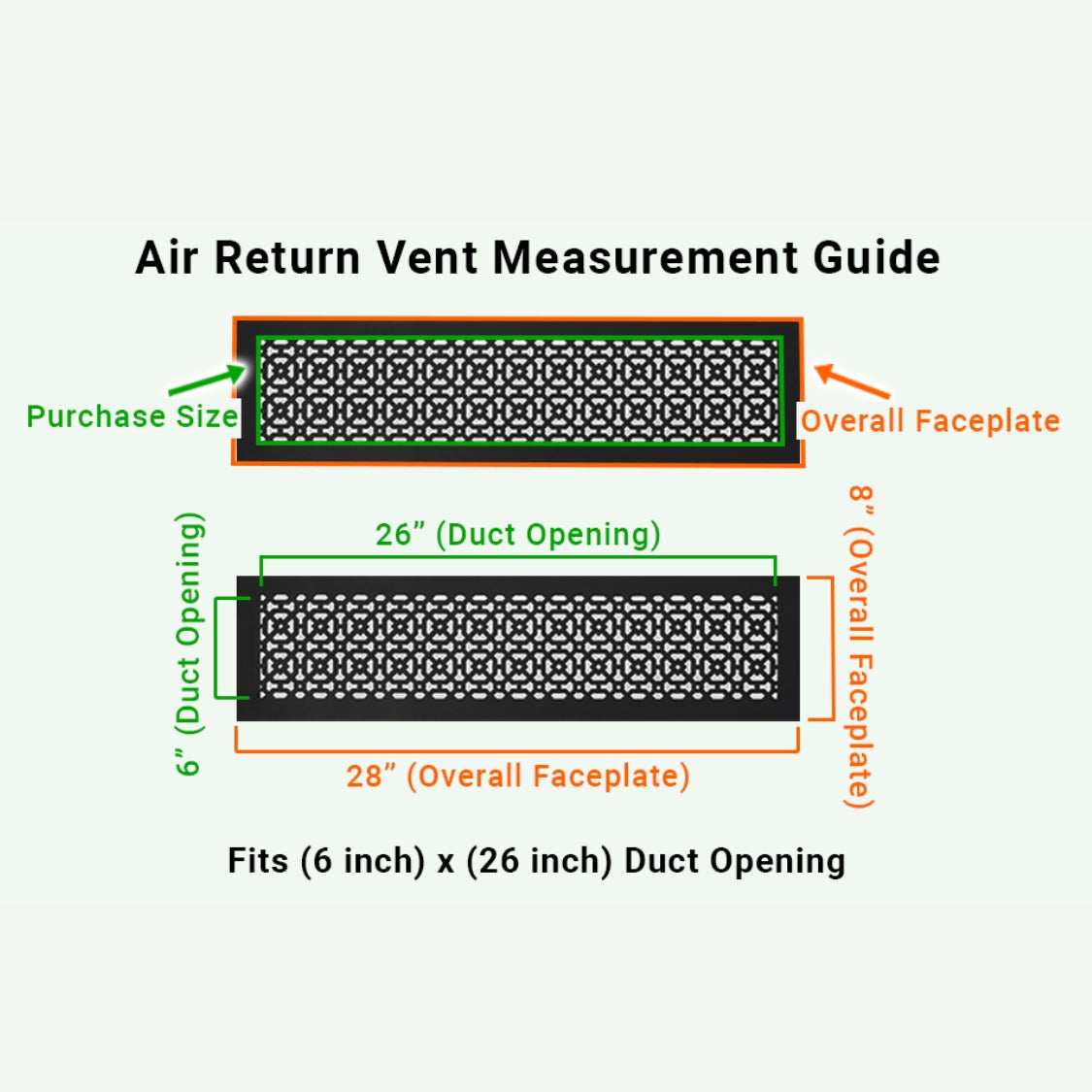 6x26 Achtek air vent purchase guide showing purchase size having duct opening 6x26 and overall faceplate 8x28