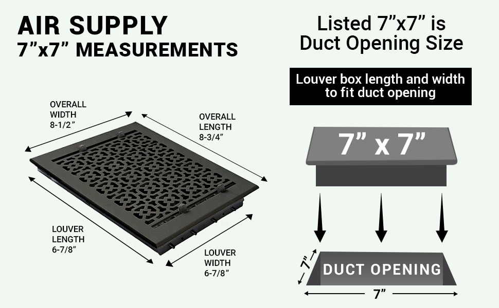 Achtek 7x7 air vent purchase guide showing purchase size having duct opening 7x7, and overall faceplate 8-1/2X8-3/4
