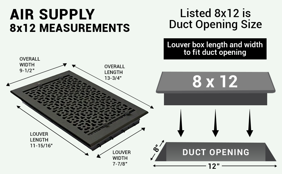 Achtek 8x12 air vent purchase guide showing purchase size having duct opening 8x12, and overall faceplate 9-1/2X13-3/4