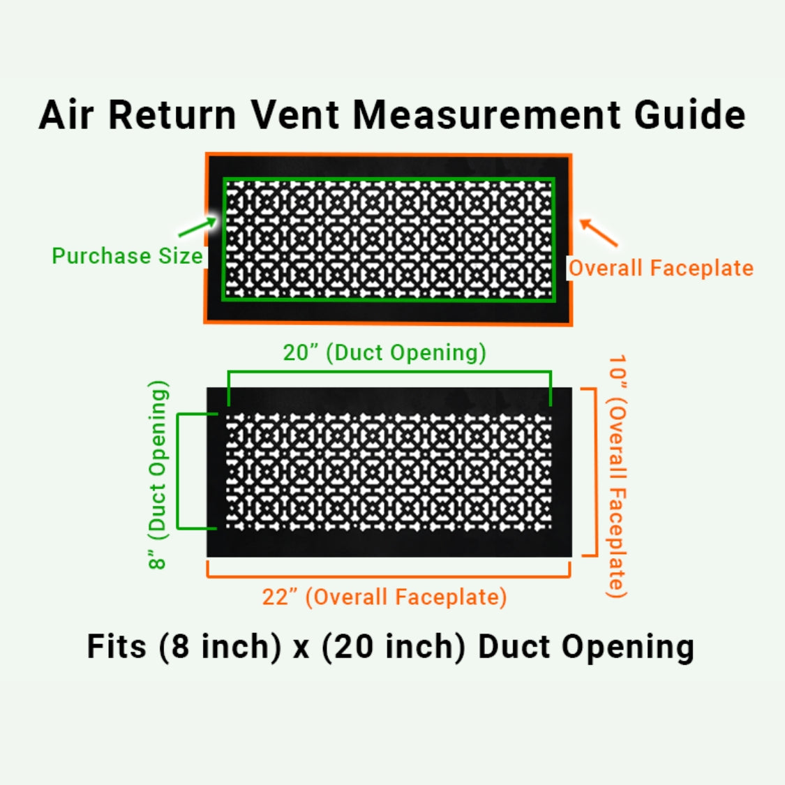 8x20 Achtek air vent purchase guide showing purchase size having duct opening 8x18 and overall faceplate 10x22