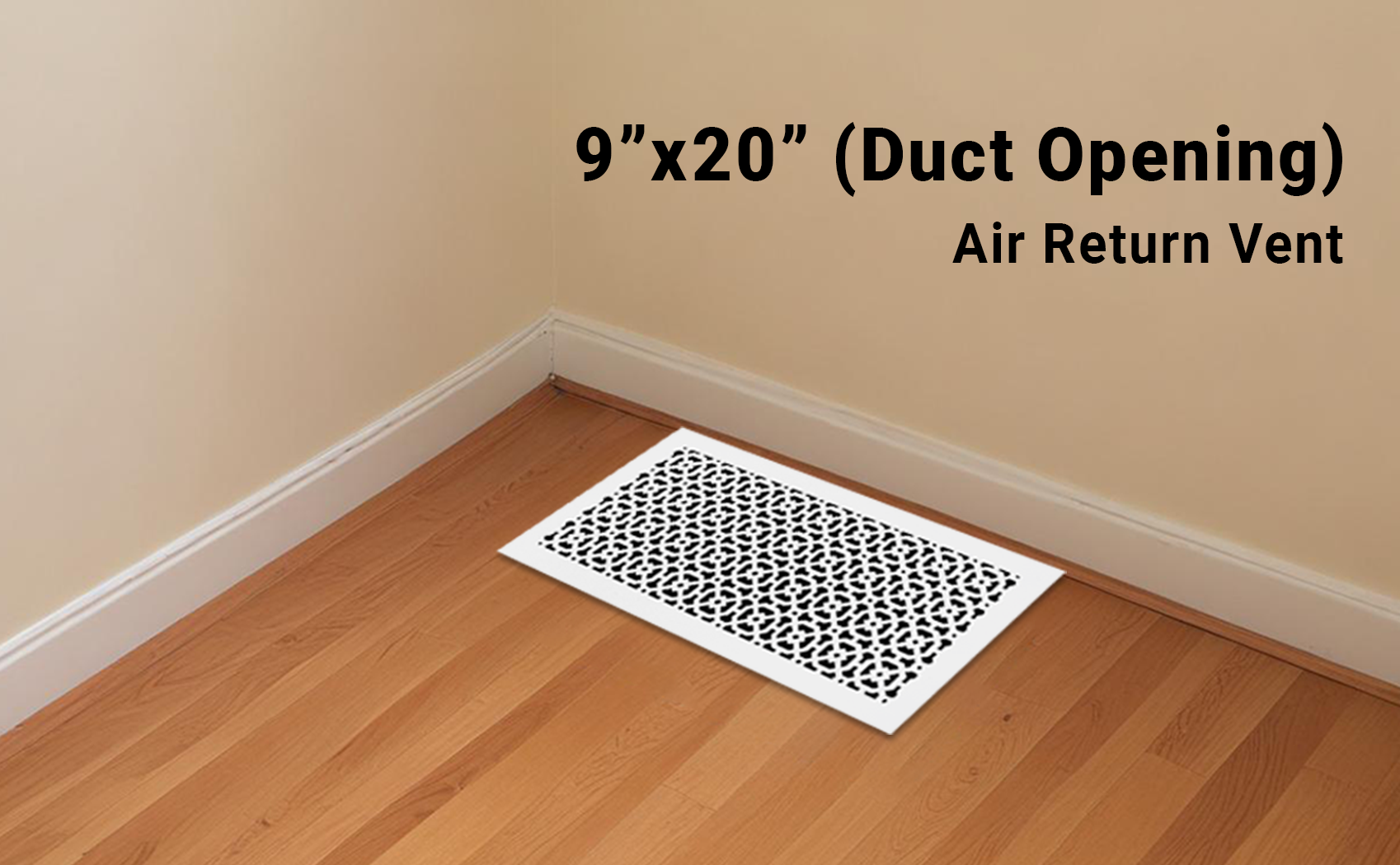 Achtek 9x20 powder-coated white air return vent cover with geometric pattern, beveled edge, gravity drop installations