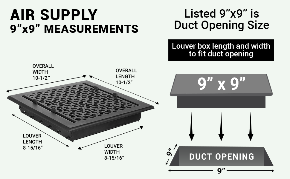 Achtek 9x9 air vent purchase guide showing purchase size having duct opening 9x9, and overall faceplate 10-1/2X10-3/4
