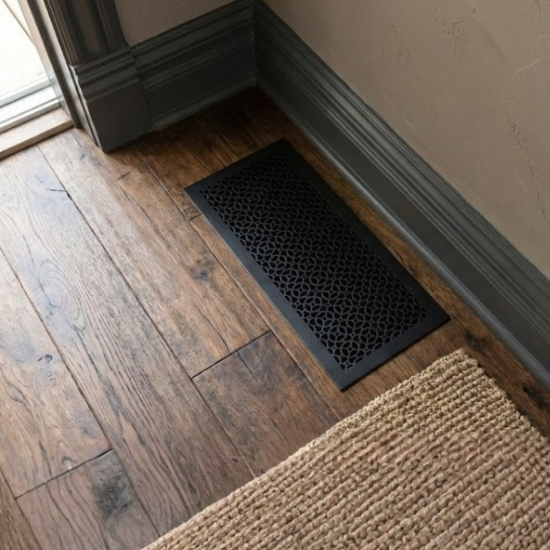 10x30 Achtek HVAC air return vent cover black for floor mounting, geometric design, beveled edge, gravity drop installations