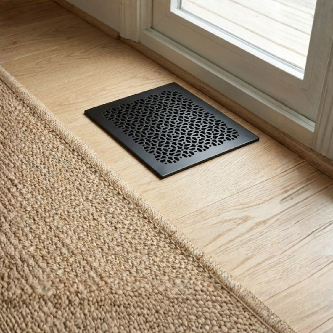Achtek 14x14 black handcrafted floor air return vent cover with decorative grille design, solid cast aluminum