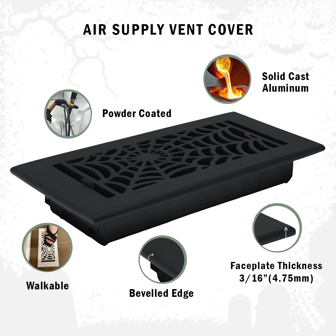 PACK of 6 Spooky Gothic 4"x10" WALL / CEILING Solid Cast Aluminum Air Supply louvered Powder Coated