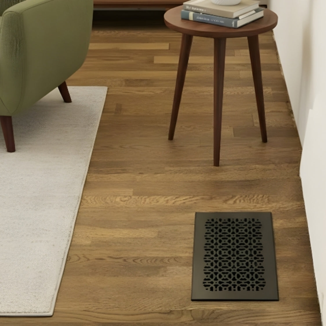 Achtek 8x14 heavy duty cast aluminum air vent with geometric pattern for floor mounting, overall back frame provided