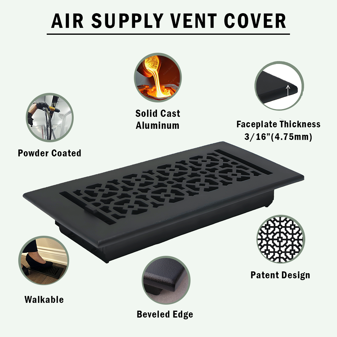 Patent design Achtek supply vent showing walkable vent in powder coated finish beveled edge, Faceplate thickness of 3/16 inch