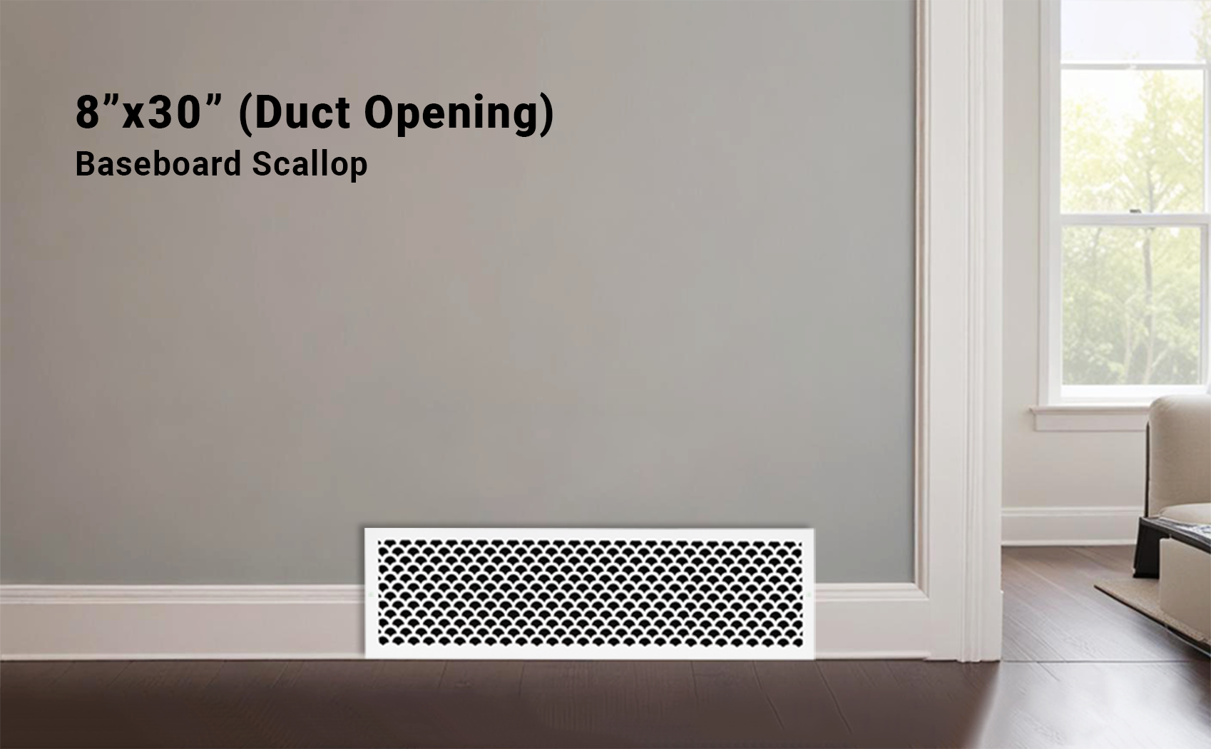 Scallop BASEBOARD 8"x30" Duct opening Solid Cast Aluminum Grill Vent Cover | Powder Coated
