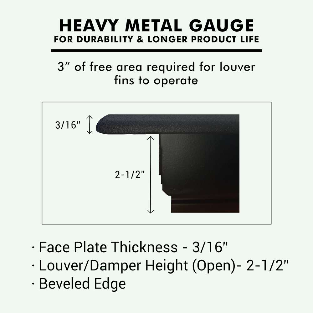 Achtek air supply vent with faceplate thickness of 3/16 inch having louvered/damper height (open) 2-1/2 with beveled edge