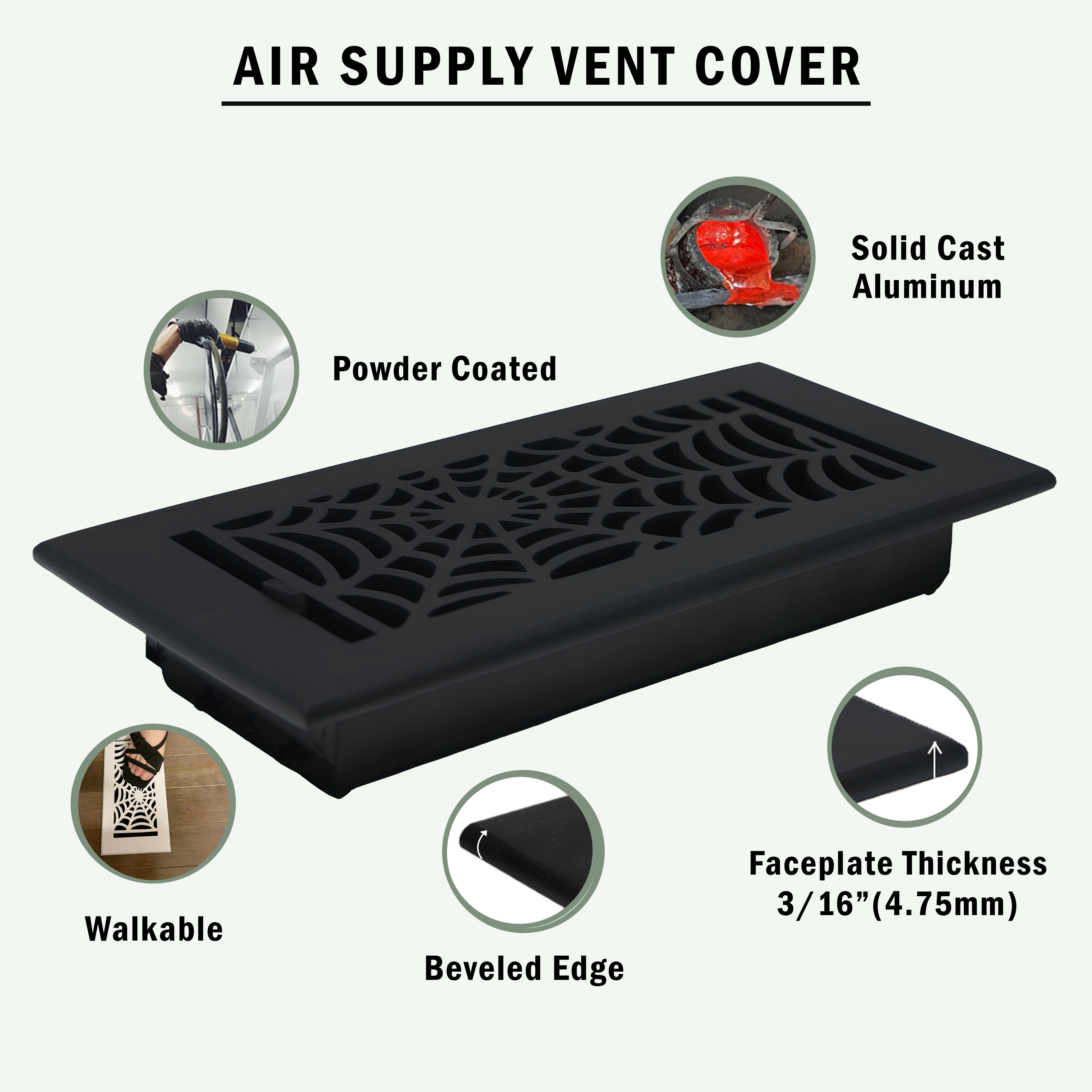 Spooky Gothic 6"x14" Solid Cast Aluminum louvered Air Supply | Powder Coated